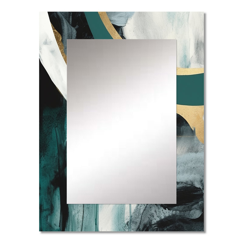 Or et vert géométrique Enchantment II - miroir mural unique en marbre, miroir doré, impression sur métal, 32 po x 24 po