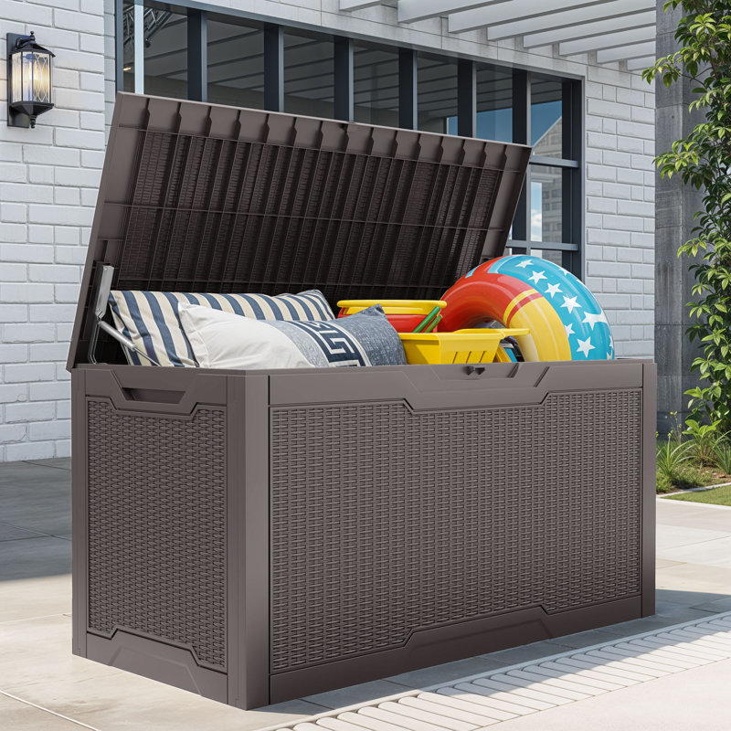 100 Gallon Outdoor Storage Deck Box Large Resin Patio Bench Lockable Container, Dark Brown