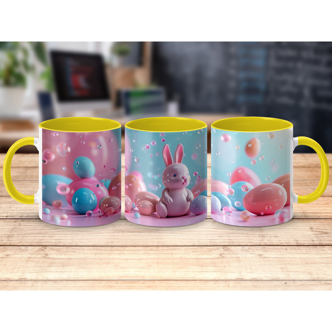 Set of 3 Colourful 3D Design 11oz Accent Mugs – White Ceramic Coffee Cups with a Yellow Handle and Interior