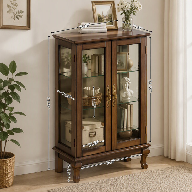 Vitrine 2 portes exquise avec verre trempé, dossier en miroir, tablettes réglables et éclairage pour mettre en valeur des objets précieux
