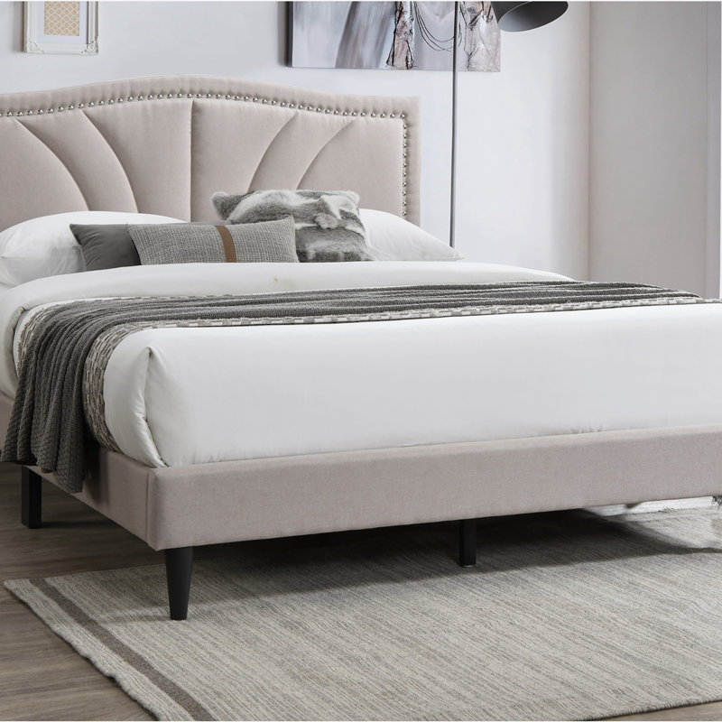 Queen Platform Bed, Burlap Upholstered, Light Brown