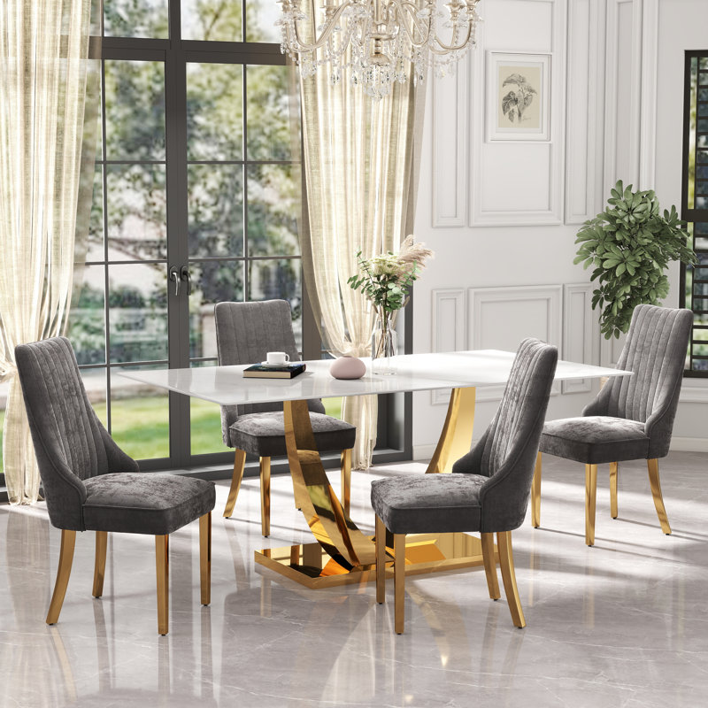 Ensemble de salle à manger moderne à piédestal rectangulaire avec fauteuil en tissu d'ameublement en chenille, 5, Or / Gris