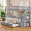 Lit plateforme simple en pin massif avec lit superposé simple et gigogne avec rangement latéral, gris neutre-129225192