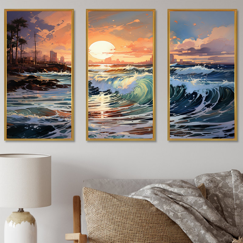 «Beach Sunrise Tranquil Horizons III - Ocean», ensemble de reproductions d'art mural, Cadre flottant doré