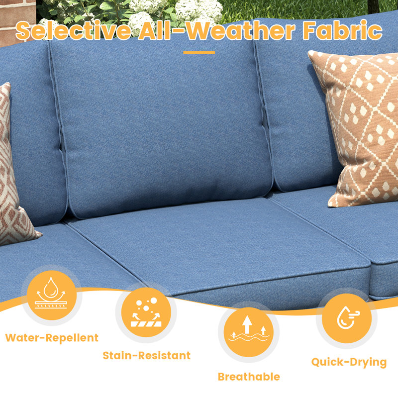 Ensemble de conversation pour patio 5 pièces en osier avec coussins, Structure brune / coussin bleu ardoise