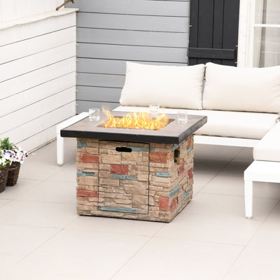 32" Propane Gas Fire Pit Table , 50,000 Auto-Ignition, Faux Ledge Stone Attraction, Lava Rocks, Rain Cover, , Dark Chocolate Brown 32 Inch Outdoor Table, Square Glamour, Ginger