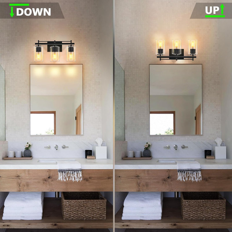 Applique murale moderne noir mat avec abat-jour en verre transparent, luminaire de salle de bain 3 lumières pour miroir, chambre à coucher et couloir
