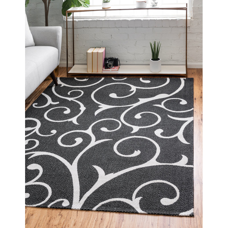 Tapis noir / ivoire en coton damassé, Rectangle 7 pi 5 po x 10 pi
