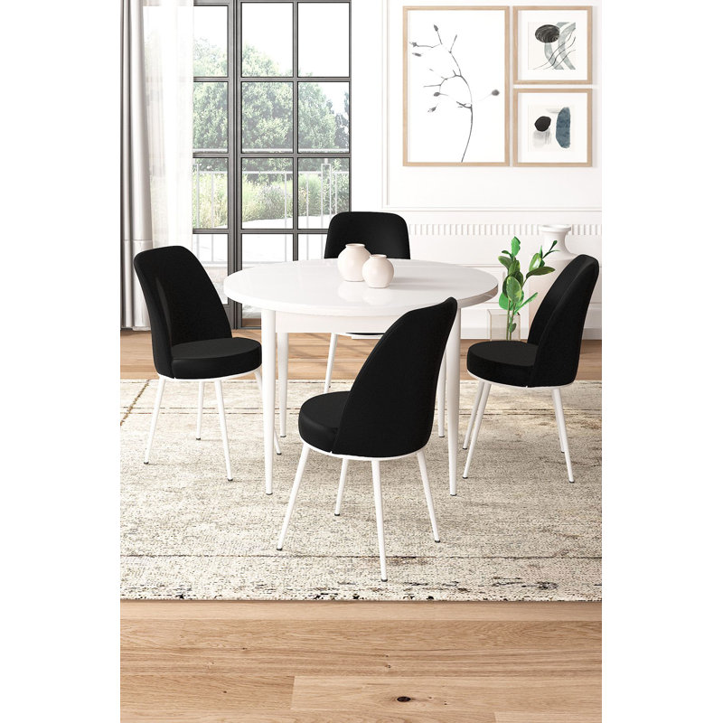 Ensemble de table et chaises de salle à manger moderne 5 pièces, blanc et noir | Table 35,4 x 29,5 x 35,4 po avec pieds en métal | 4 chaises: 17,7 po x 35,8 po x 16,5 po | 100% aggloméré mélaminé et tissu Jerry, élégant et durable
