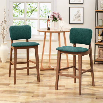 Tabouret de bar rembourré en hévéa avec sièges en tissu (ensemble de 2), cadre vert foncé et finition noyer