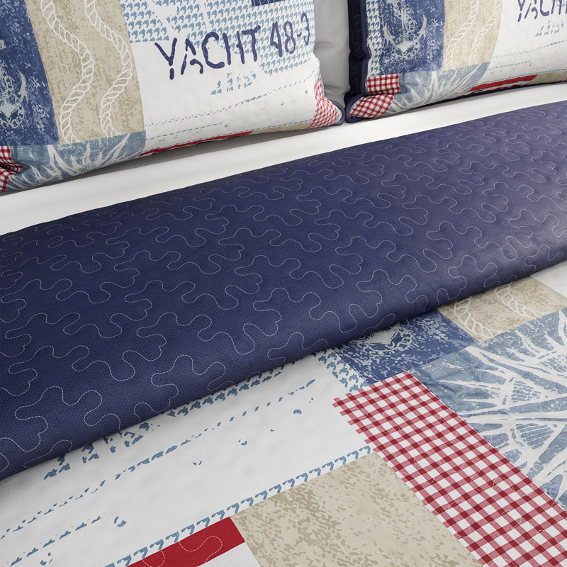 King Blue Microfiber Reversible Nautical Americana Quilt Set