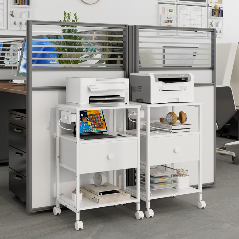 3-Tier Printer Stand With Charging Station, USB Port, Adjustable Open Shelves, And Fabric Drawers For Home Office Organization