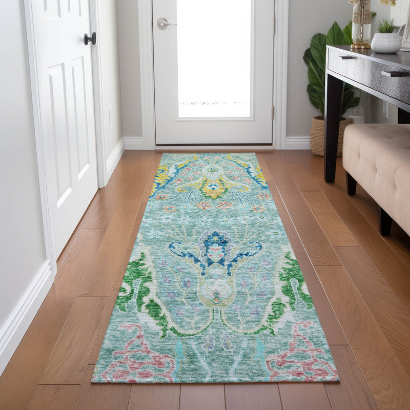 Machine Washable Indoor/Outdoor Xhevrie Teal Rug, Runner 2'3" x 7'6"