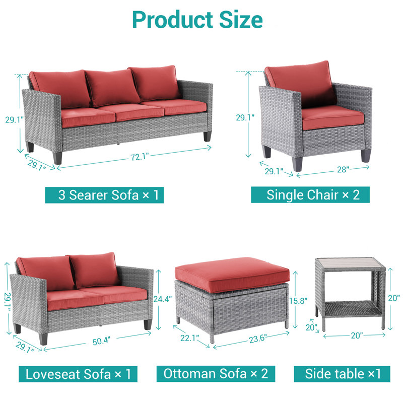 Ensemble de meubles en rotin 7 pièces avec table d'appoint et chaise de patio 7 pièces, Gris, Rouge brique