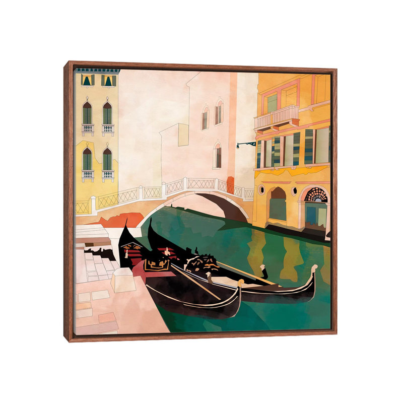 «Venice Gondolas I» par Ana Rut Bré - impression d'art graphique, Toile classique avec cadre brun, Aucun mat