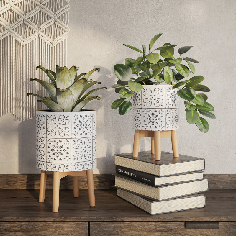 Alvey Mid Century Modern Indoor Metal Pot Planter 4-Leg Wood Base - Set
