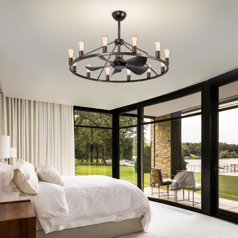 41-Inch Wagon Wheel Chandelier Fan, Black Brush Gold