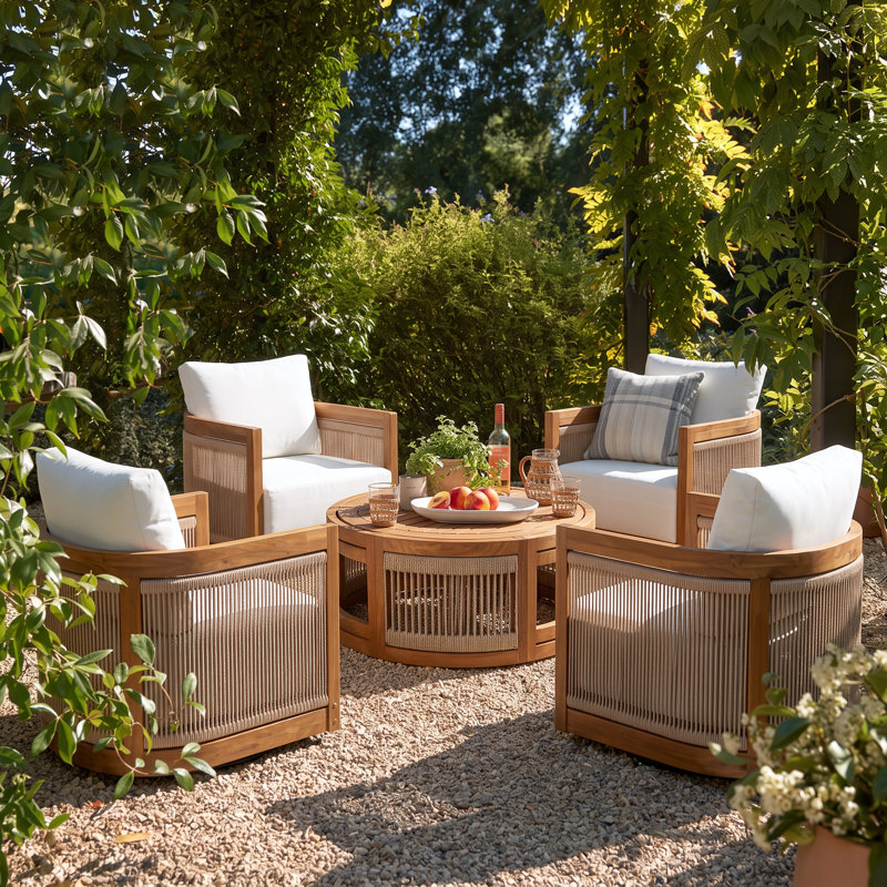 Ensemble de conversation en bois d'acacia Helix Modern Coastal, Beige, 5 pièces: table, 4 chaises pivotantes