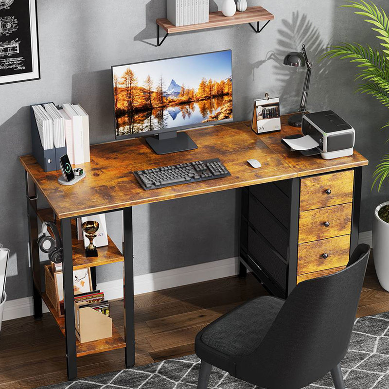 Bureau rectangulaire avec tiroirs et tablettes de rangement, Brun / Noir, H 29,5 po x l 47,2 po x P 19,7 po