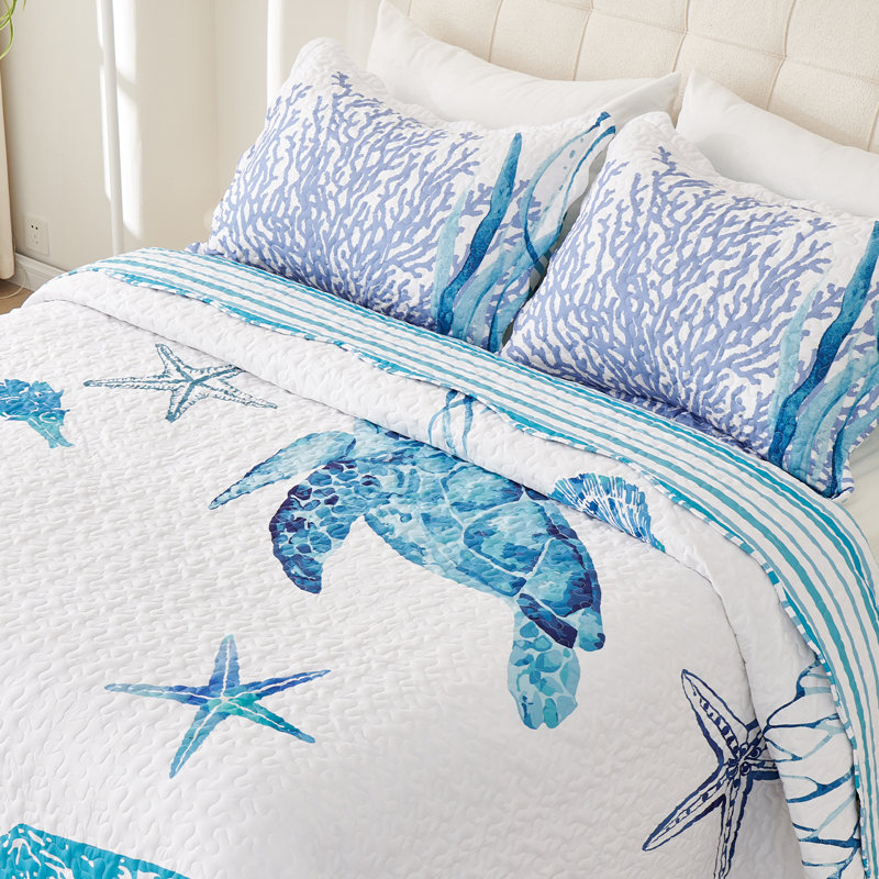 Marine Polyester Quilt Set Summer Bedding Lightweight Quilts, Twin Quilt + 1 Standard Sham, Light Blue Animal Print