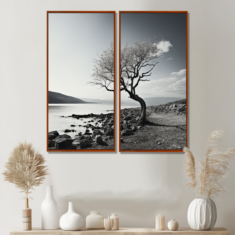 Magnifique arbre noir et blanc, photographie sur lac - Grand lac, 20" H x 24" W, Impression encadrée flottante, Brown