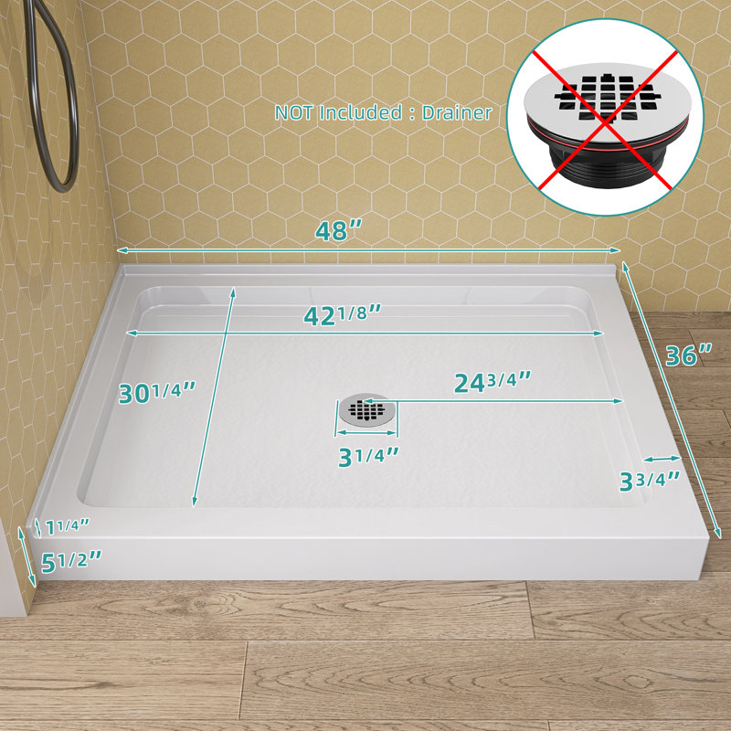 Acrylic Rectangular Shower Pan 48'' W x 36'' D Double Threshold Corner Shower Tray in White with Center Drain