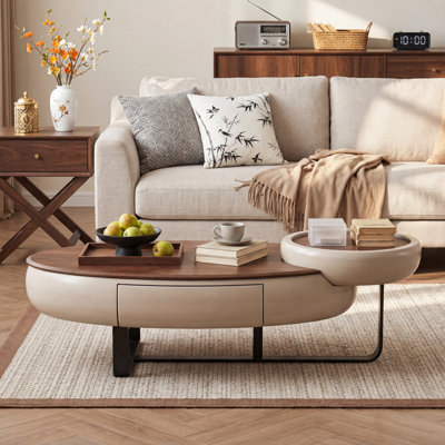 Modern Curved Walnut Veneer Coffee Table (With Detachable Side Tray & Storage Drawer)