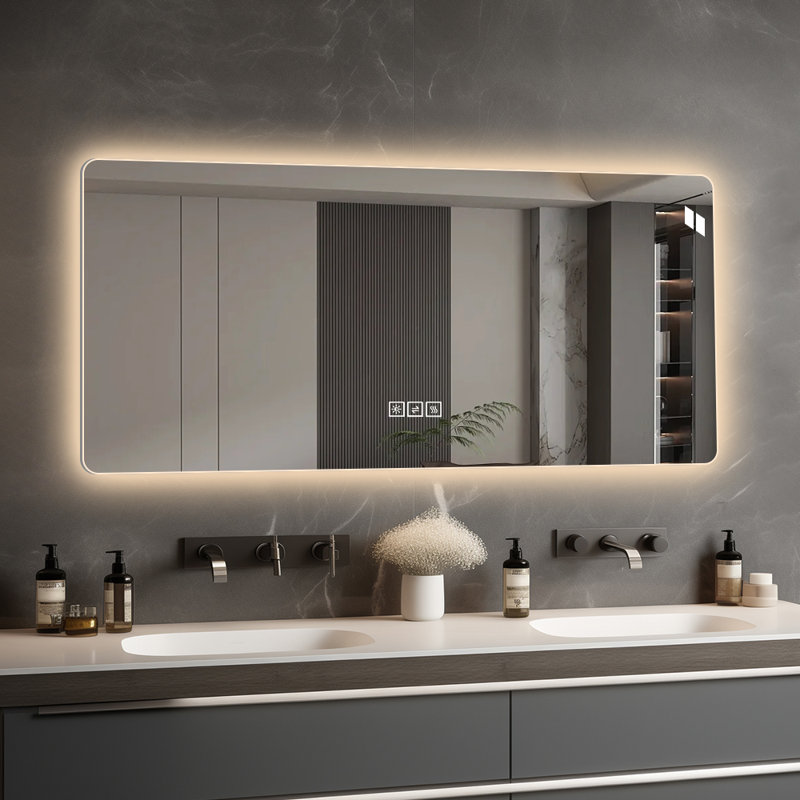 60" x 28" Frameless LED Bathroom Vanity Mirror with 5mm Copper Free Silver Glass 3 Color Dimmable Lighting Anti Fog Memory Function Plug In Hardwired UL Listed