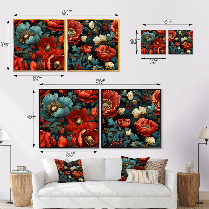 Manervia - Ensemble de 2 collages carrés floraux, Toile tendue, H 36 po x l 73 po