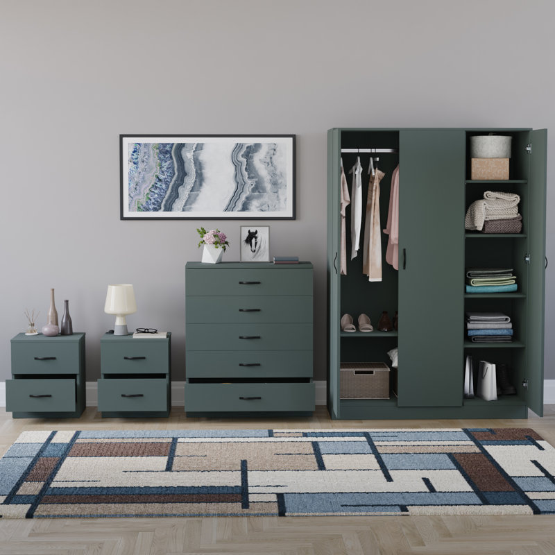 Tayce 4 Piece Bedroom Set (2 Drawer Bedside Chest X2, 5 Drawer Chest, 3 Door Wardrobe), Green