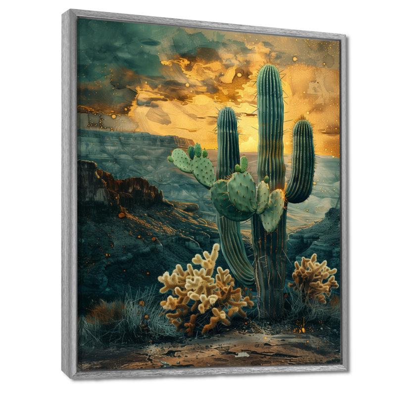 Vert, jaune, gardian du désert, cactus I, H 32 po x l 24 po x P 1 po, Toile argentée avec cadre flottant
