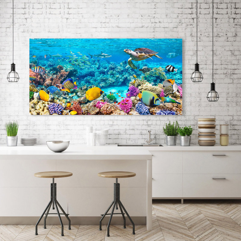Sea Turtle And Fish, Maldivian Coral Reef - Wrapped Canvas Print, 35cm H x 70cm W
