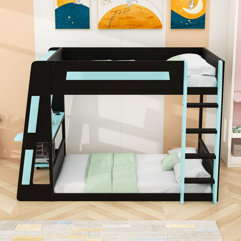 Lit superposé avec bureau, tablettes de rangement USB et lumière DEL, Bleu, Lit double