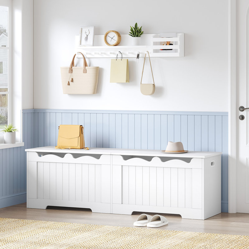 59" Storage Chest, Storage Bench Trunk with 2 Hinges, Wooden Box, Lift-Top Chest Organizer, Shoe Bench for Entryway, Bedroom, Living Room, White