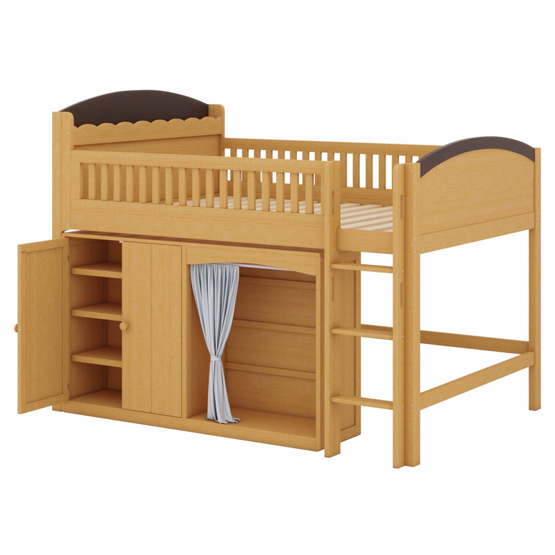 Space-Saving Loft Bed with Built-in Wardrobe, Storage Cabinet & LED, Wood Color+Espresso