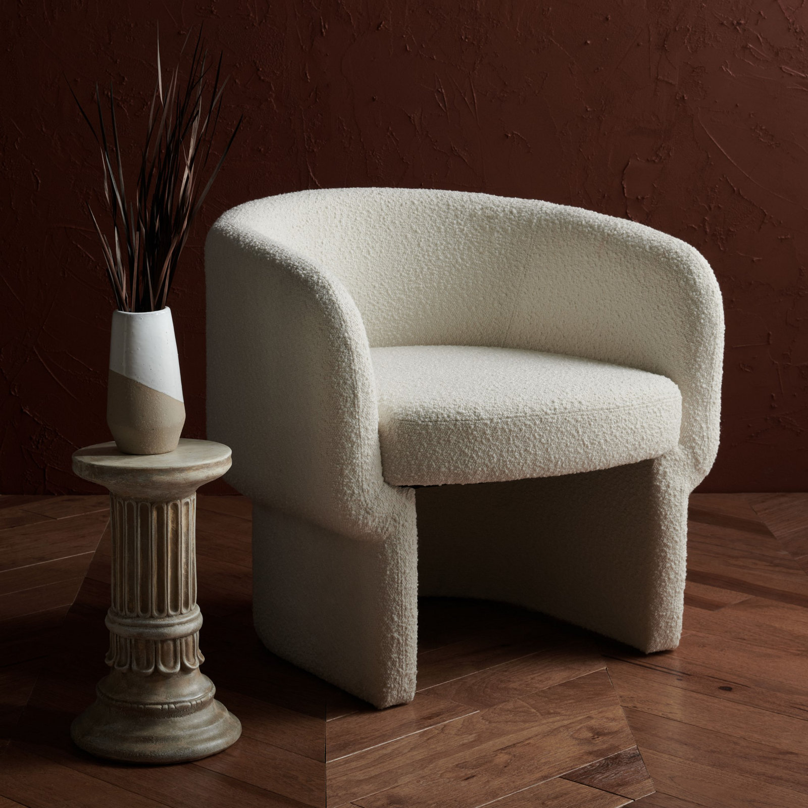 Cambry Pine Barrel Chair, Ivory Boucle