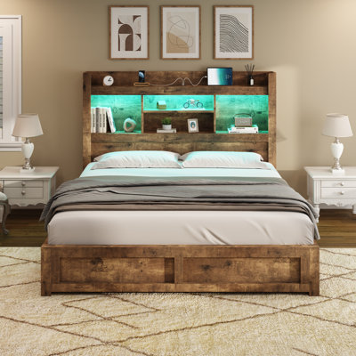 Sherell Queen Size Bed Frame with 4 Storage Drawers,Brown