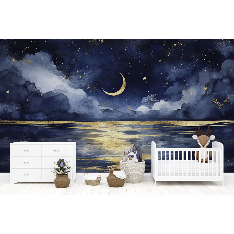 Murale mer clair de lune - papier peint chambre de bébé ciel nocturne, mur décoratif lune en croissant pour chambre d'enfant ou chambre à coucher Vn857 (Peel-N-Stick) VN857