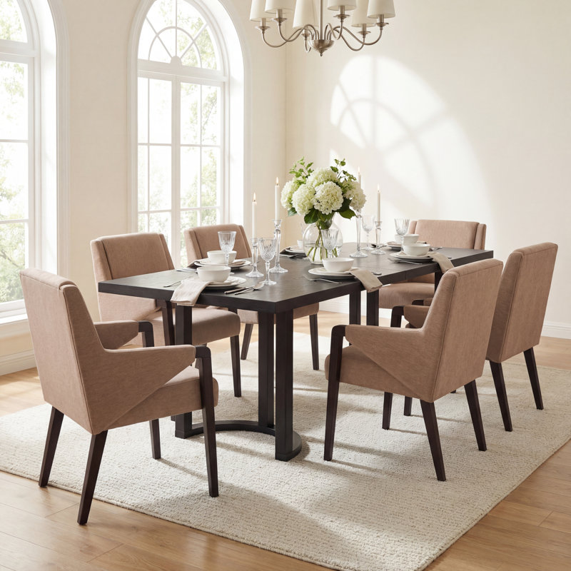 Ensemble de table de salle à manger en bois d'hévéa pour 6 personnes avec chaises rembourrées Harlan, Black