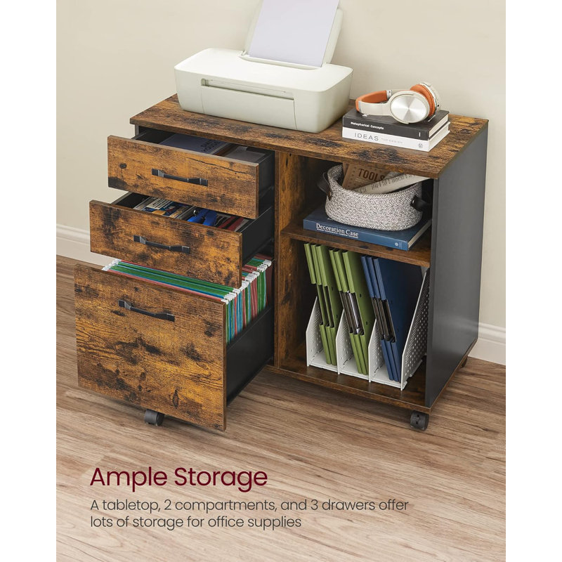 Lateral File Cabinet With 3 Drawers And Open Shelves, Mobile Office Storage Solution For Printer, Files, And Supplies