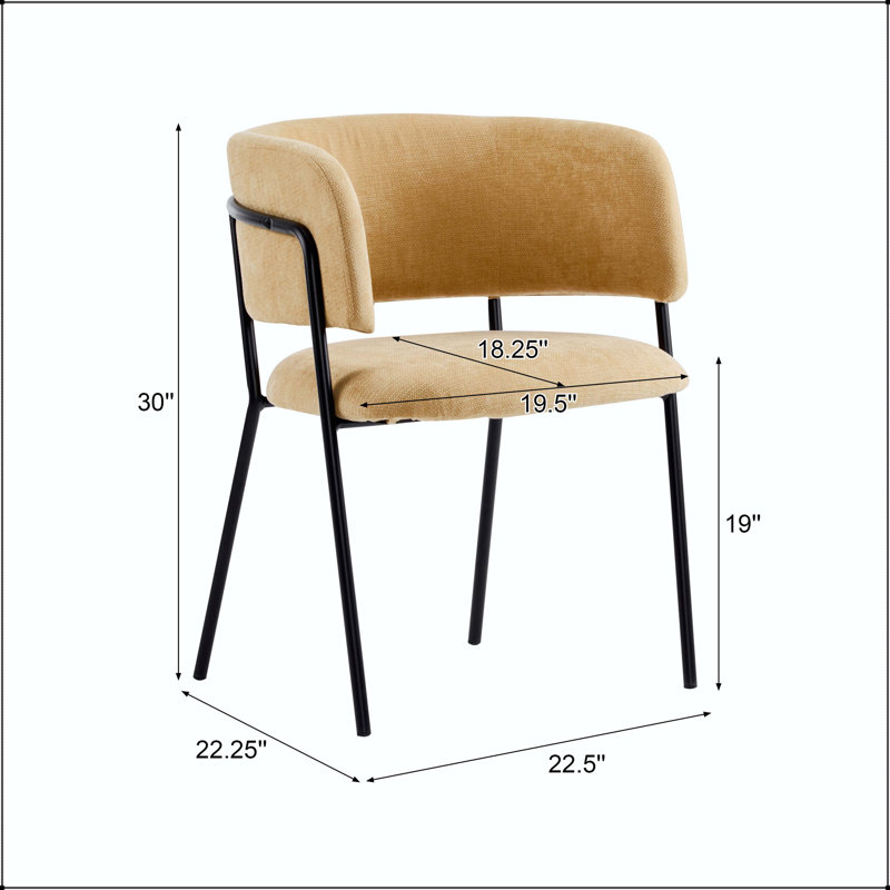 Chaise de salle à manger moderne avec accoudoirs rembourrés avec pieds en métal - jaune, ensemble de 2