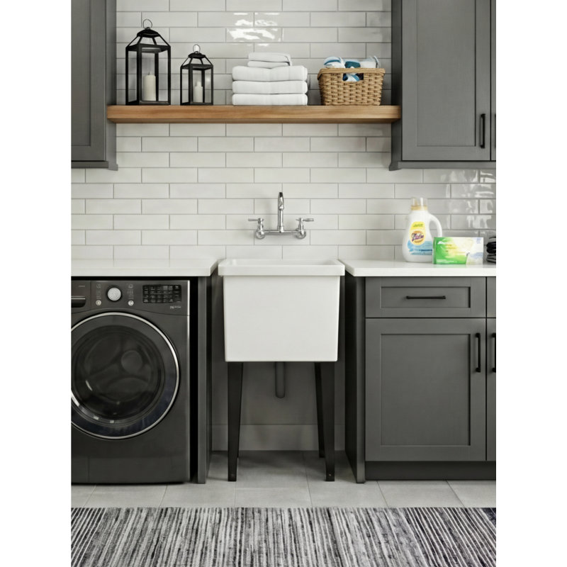Évier de buanderie autoportant et compact en plastique Bari avec quatre pieds, cuve utilitaire pour salle de lavage, garage ou cuisine