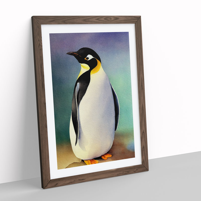 XV1022-3494X Penguin In Watercolour No.4 - Wall Art, Walnut Framed Paper, White, 64cm H x 46cm W