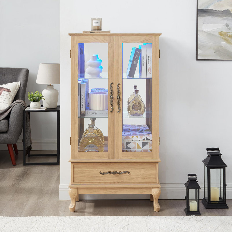 Lighted Curio Cabinet - Elegant Glass Display Cabinet With Adjustable Shelves, 2 Doors, And 1 Drawer - Wine Storage Sideboard With Included Bulb - Light Oak Finish