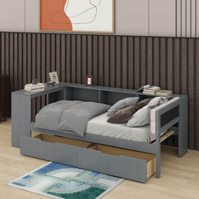 Lit plateforme simple avec tablettes, tiroirs et tête de lit tapissier, Gris, Lit simple