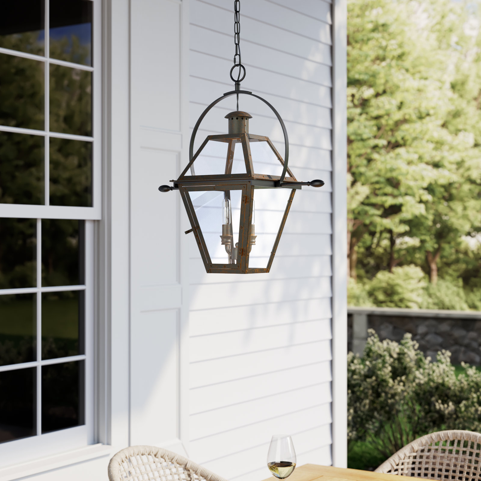 Amber Outdoor Pendant Light, Industrial Bronze