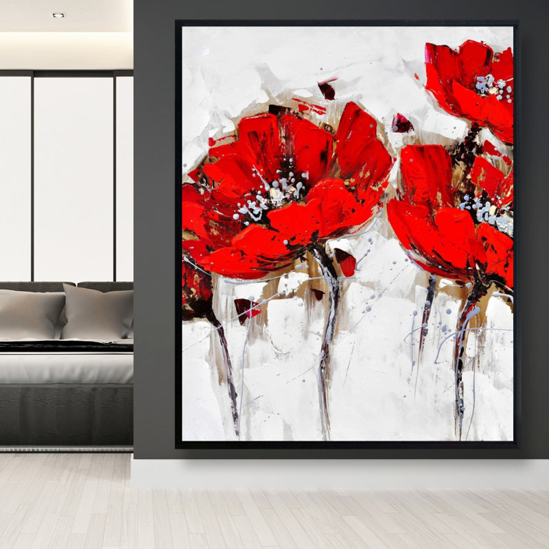 Red Poppies With Texture Print On Canvas