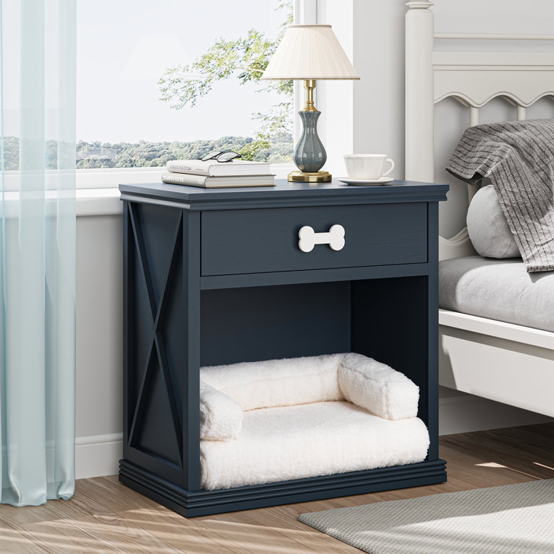 Vintage Small Storage Cabinet With Led Light And Pet Bed, Hidden Cat Litter Box With Drawer And Semi-open Space 