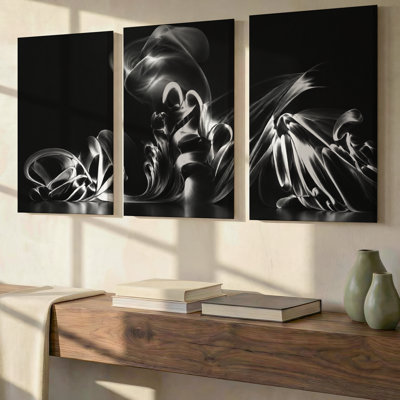 3 Pieces Exculisive Black and Silver Abstract Large Wall Art Flowing Sculptural Ribbon Form Canvas, Canvas Decor for Living Room, Bedroom and Office