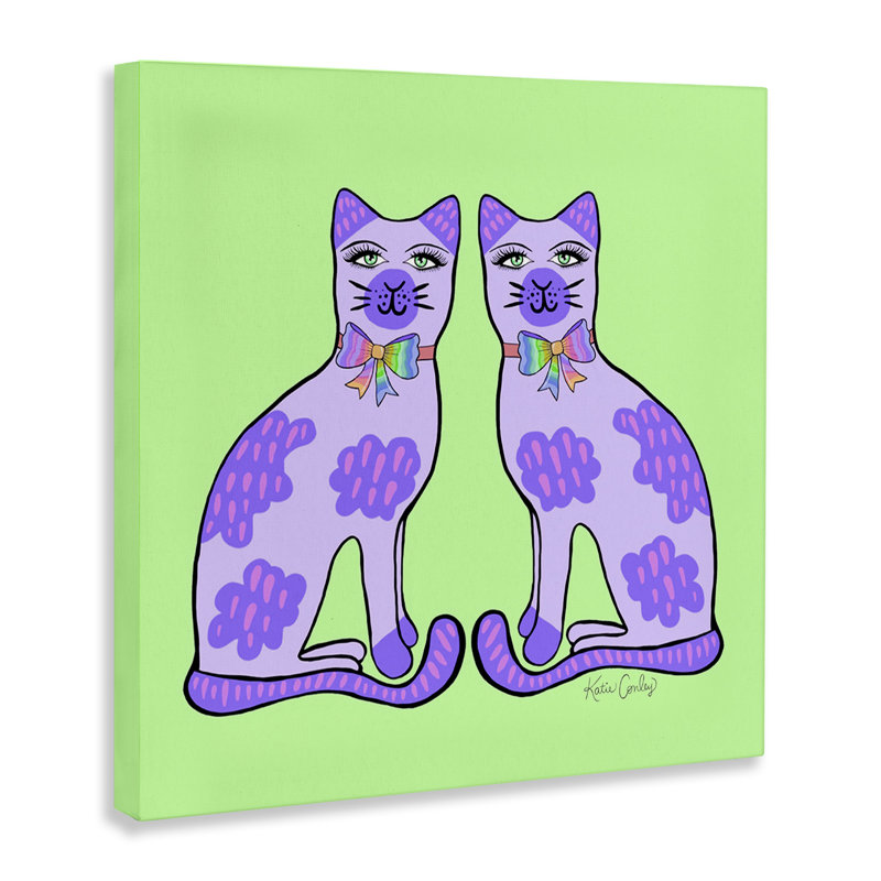 Chats mauves sur toile verte, design par Katie Conley, H 17 po x l 17 po